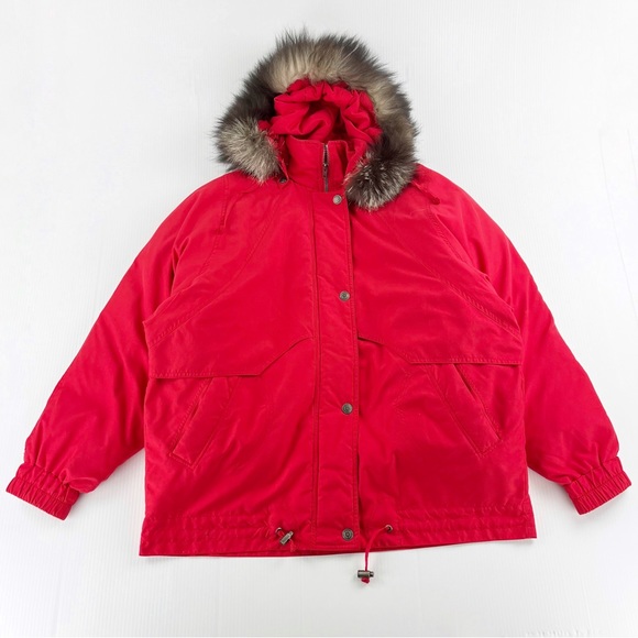 Towne London Fog Red Button Down Red Removeable Faux Fur Hood Hooded Jacket - Picture 1 of 9